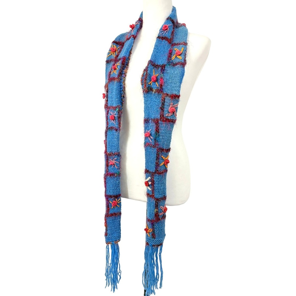 Y2K Handmade Blue Knit Scarf Embroidered Floral Mixed Media Tassel Fringe‎ 72"